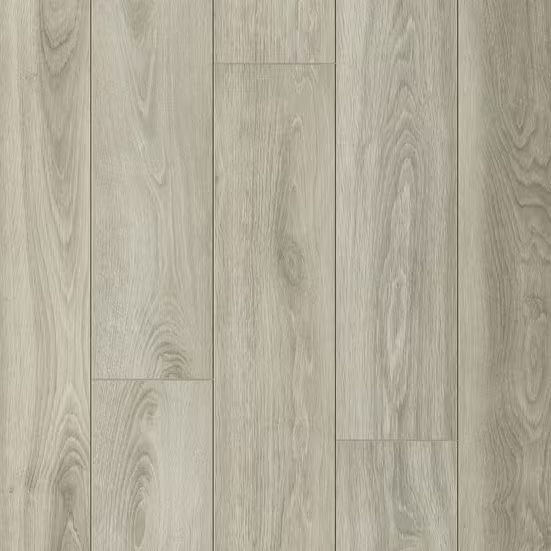 Warm greige laminate planks with a fine oak grain and shallow bevels between the boards.