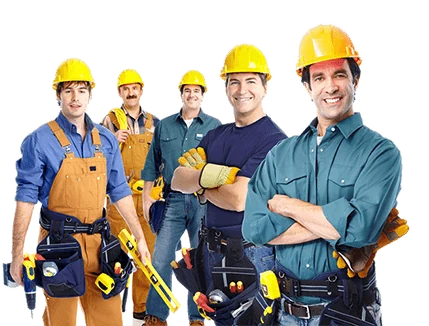 Five tradesmen in yellow hard hats and tool belts standing together, arms folded.
