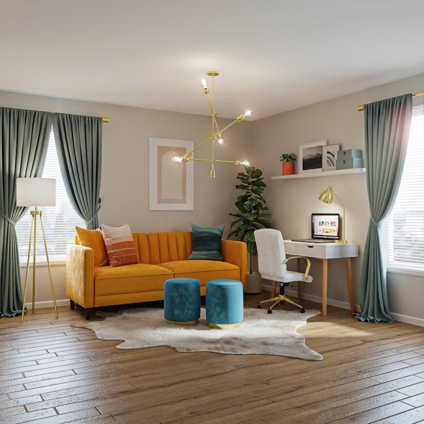 A family living room with a mustard sofa over warm timber flooring.