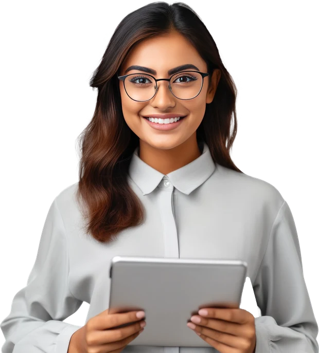 A smiling woman in a grey shirt and glasses holding a tablet.