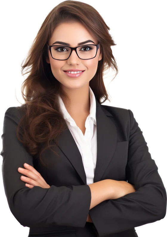 A smiling woman in glasses and a dark suit jacket standing with her arms folded.